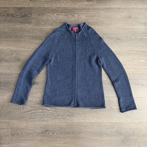 Burns Full Zip Sweater Jacket Cotton Cardigan Womens L Cottage Blue Fisherman